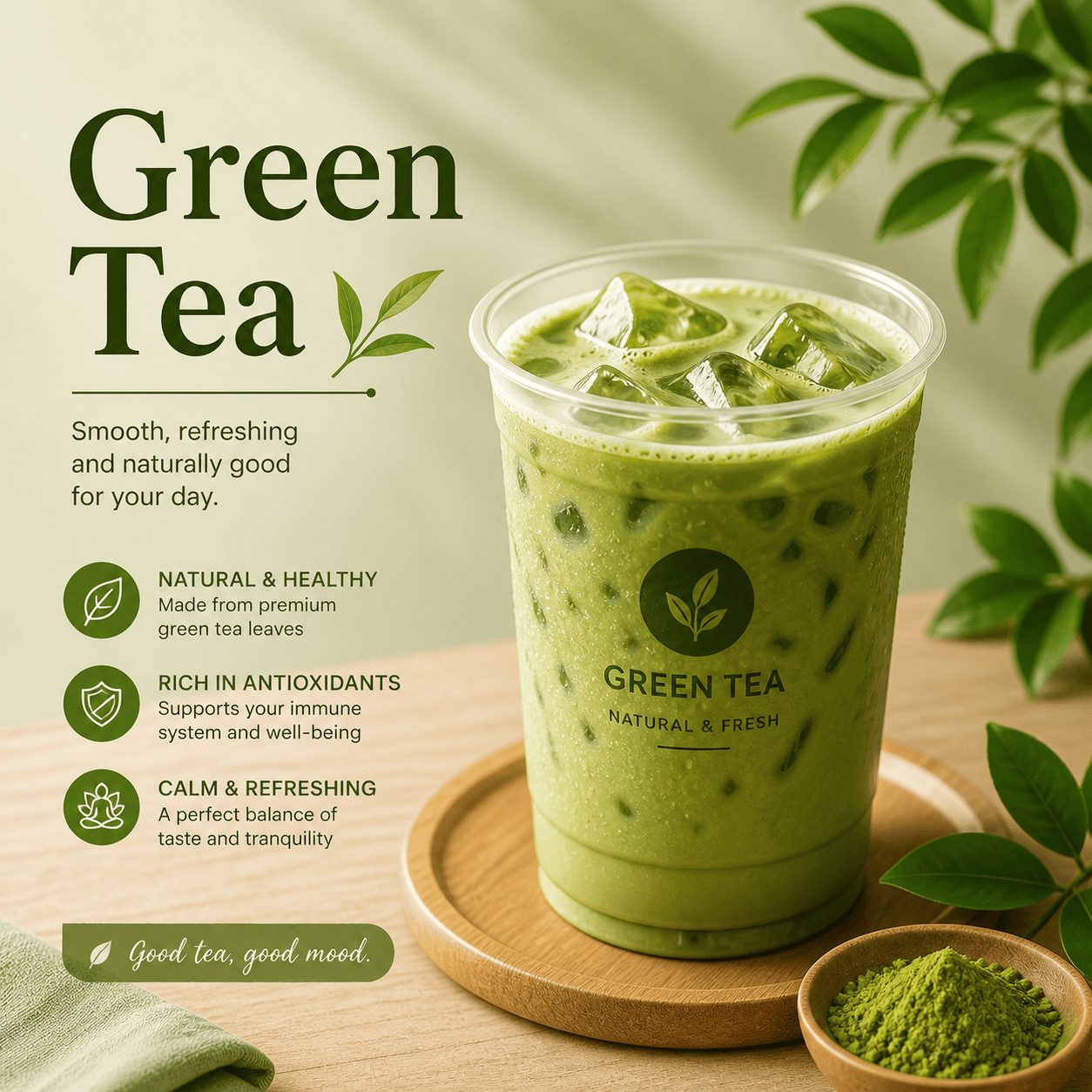 Green Tea dari Thirty Three Brew dengan tampilan clean dan modern